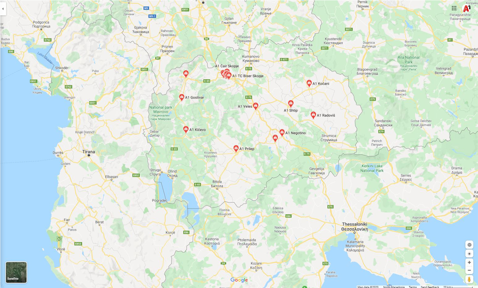 Map showing the nationwide distribution of A1 Macedonia locations